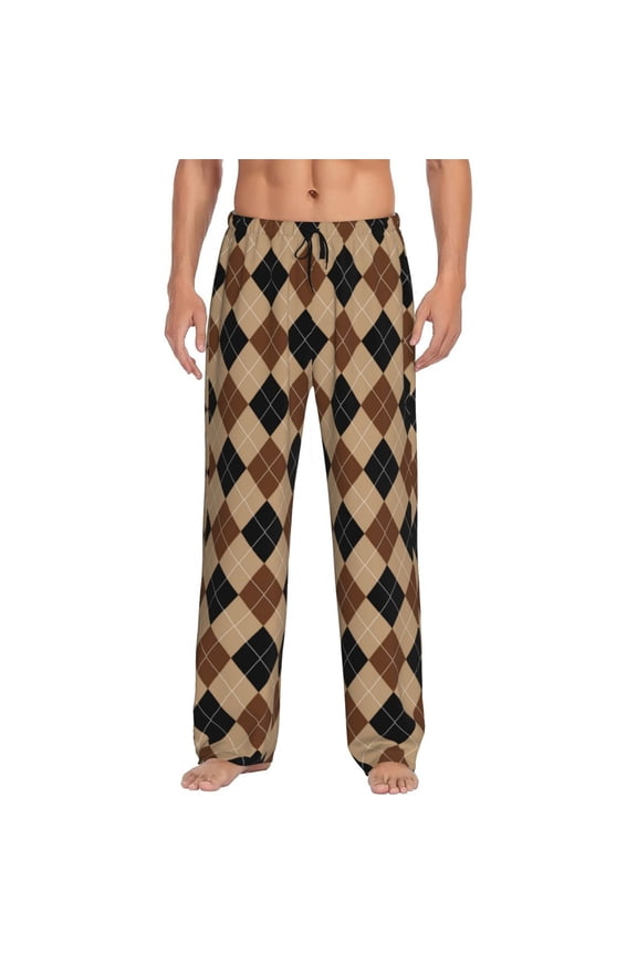 Argyle of brown Print Pajama Pants for Men,Men’s Pajama Bottoms,Mens PJ Pants with Pockets & Button Fly-Medium