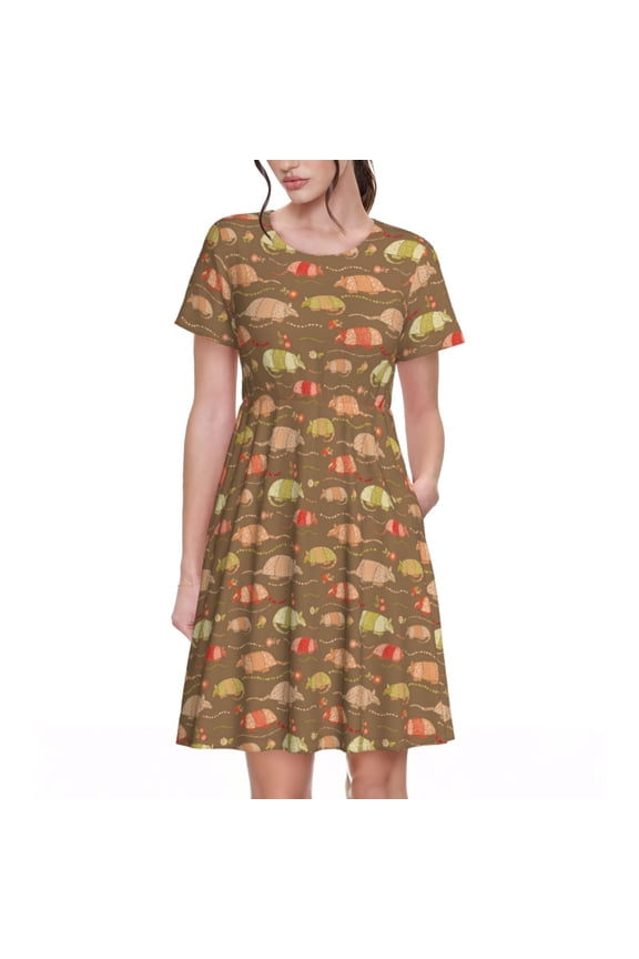 Armadillo Floral 1 Print Womens Summer Dress,Casual Short Sleeve Sundresses,Beach A-line Shift Dress with Pockets