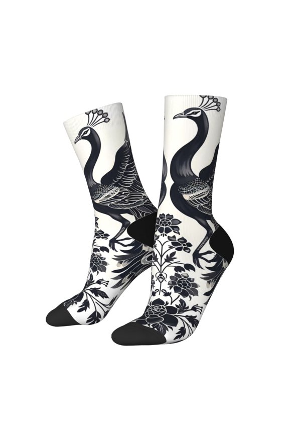 Artistic Black White Peacocks Print Adult Socks for Men & Women,Calf Socks, Ankle Socks,Boots Socks,Breathable Casual Sock,Unisex Crew Socks