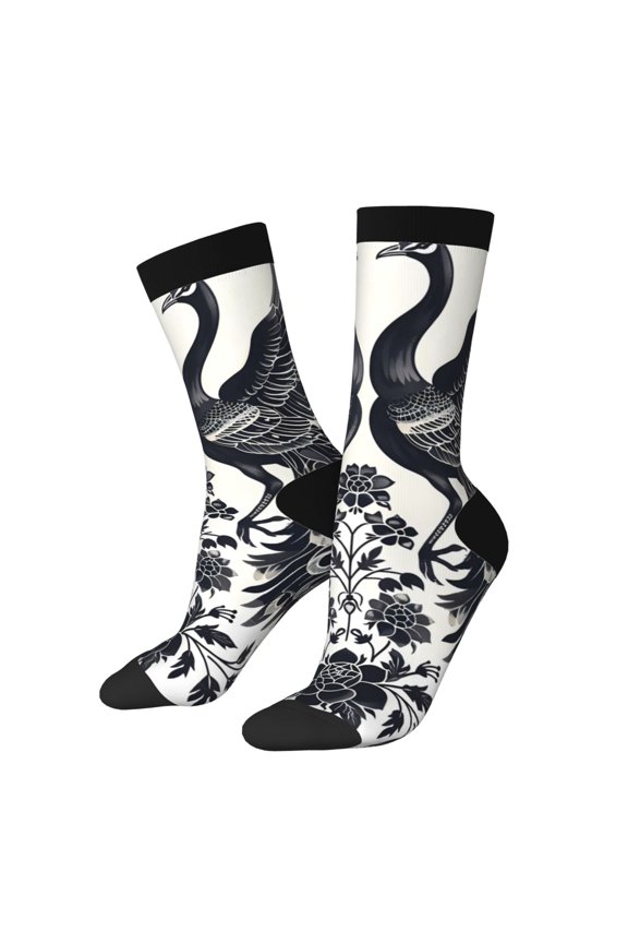 Artistic Black White Peacocks Print Adult Socks for Men & Women,Calf Socks, Ankle Socks,Boots Socks,Breathable Casual Sock,Unisex Crew Socks
