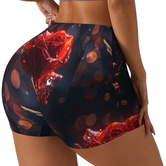 Logiee Artistic Dewdrop Rose Print Women's Biker Shorts,Workout Gym Shorts,Scrunch Shorts,Tummy Control Hidden Scrunch Running Yoga Shorts-Large