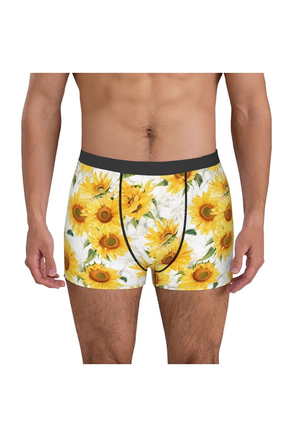 Artistic Marble Pattern Sunflower Print Mens Boxer Briefs,Boxer Briefs for Men,Breathable Stretch Underwear,Boys Boxer Briefs-Medium