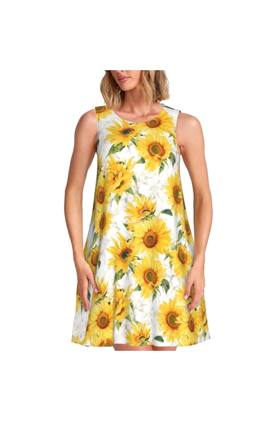 Artistic Marble Pattern Sunflower Print Summer Dresses for Women,Beach Sleeveless Flowy Pocket Tshirt Tank Sundresses,Women's Sleeveless Dress