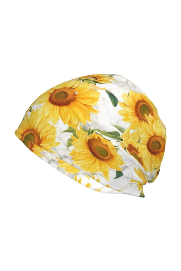 Artistic Marble Pattern Sunflower Print Unisex Knit Beanie for Men Women Winter Hat,Beanies Skull Caps