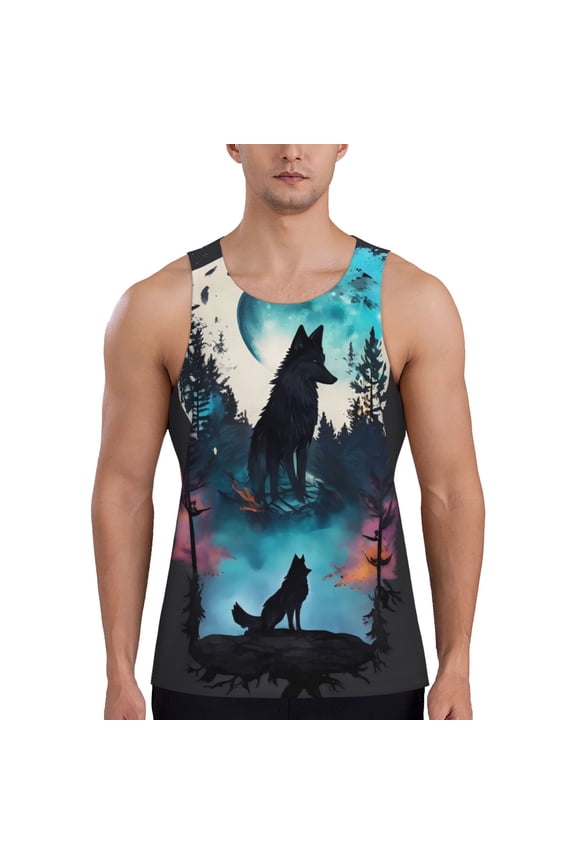 Artistic Moon Valley Wolf Print Men's Workout Tank Top,Quick Dry Workout Tank Top,Gym Muscle Tee,Fitness Bodybuilding Sleeveless T Shirt-Medium