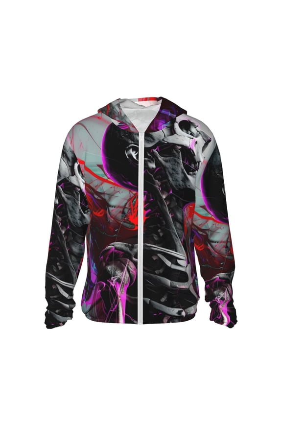 Artistic Skull Print Men's Women Light Jacket Full Zip Sun Protection Hoodie Long Sleeve Sun Shirts for Men Hiking Fishing Zip Pockets-3X-Large