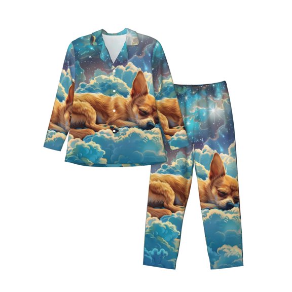 Logiee Artistic Starry Sky Cloud Dog Print Mens Long Sleeve Pajama Set,Notched Collar Pajamas for Men, Men's Sleepwear,Mens Sleepwear with Pockets & Button Down-Medium
