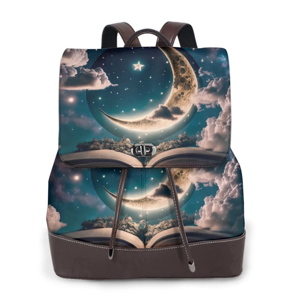 Logiee Artistic Starry Sky Moon Book Print Backpack Purse for Women,Fashion Leather Backpack Purse,Women's Leather Backpack for Work College Travel