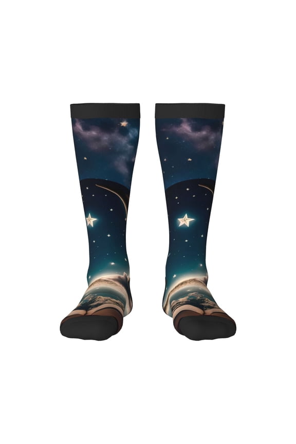Artistic Starry Sky Moon Book Print Gift Stocking Stuffers,Adult Stockings,Novelty Socks,Funny Socks Birthday Running Walking Sleeping