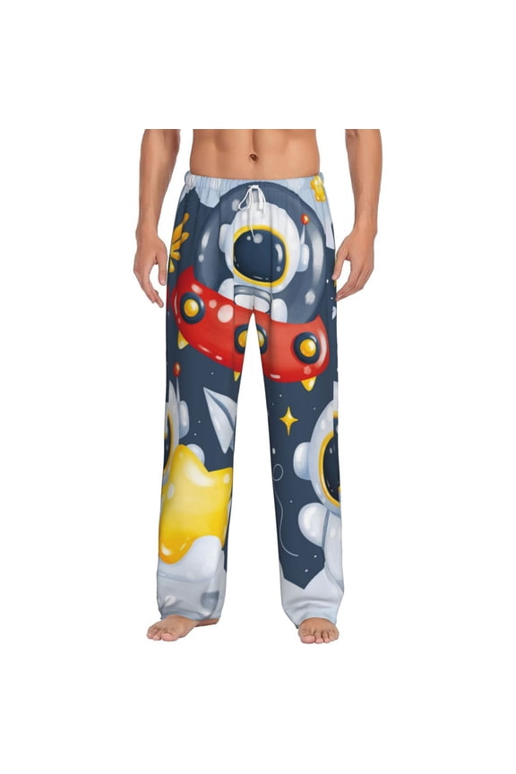Astronaut And Space Print Pajama Pants for Men,Men’s Pajama Bottoms,Mens PJ Pants with Pockets & Button Fly-Small
