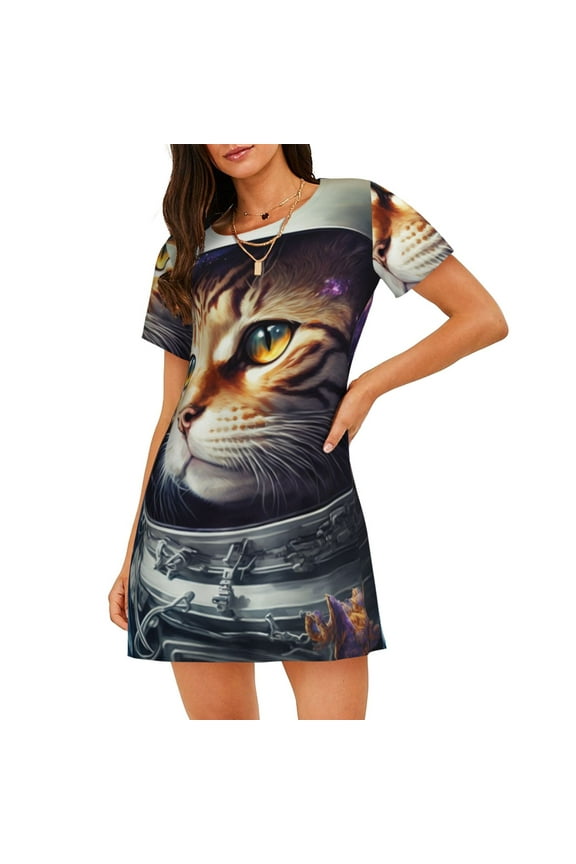 Astronaut Cat Print Nightgowns for Women,Soft Short-Sleeved Lightweight Sleepwear, Loose Sleepshirts