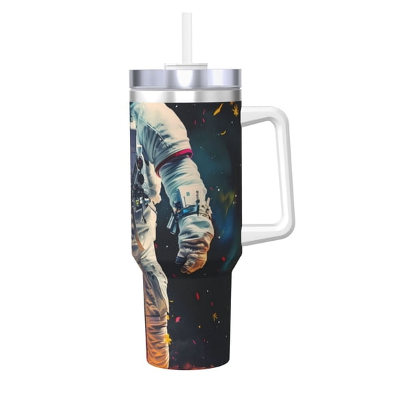 Logiee Astronaut Cosmic Rainbow Print 40OZ Ice Bully Cup with Handle and Straw, Double Wall Stainless Steel Tumbler,Travel Coffee Cup with Lid, Summer Insulation and Cooling Cup