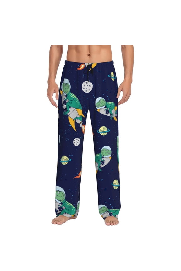 Astronaut Dinosaur and Space Print Pajama Pants for Men,Men’s Pajama Bottoms,Mens PJ Pants with Pockets & Button Fly-X-Large