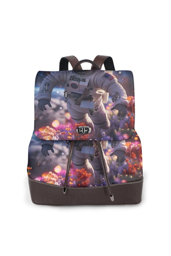 Logiee Astronaut In Cosmic Garden Print Backpack Purse for Women,Fashion Leather Backpack Purse,Women's Leather Backpack for Work College Travel