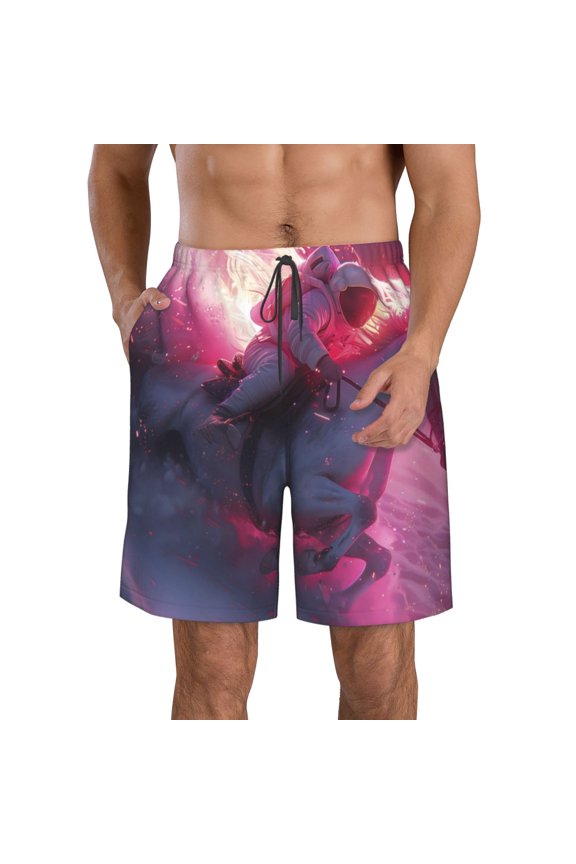 Astronaut Riding Fiery Horse Print Mens Swim Trunks Quick Dry Board Shorts,Breathable Hawaii Beach Shorts Swimwear Bathing Suits-Small