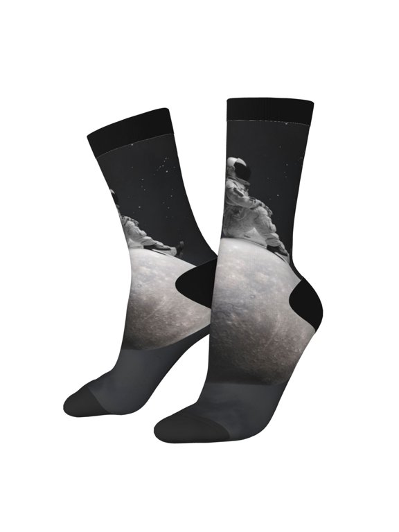 Astronaut Sitting On Mercury Planet Print Adult Socks for Men & Women,Calf Socks, Ankle Socks,Boots Socks,Breathable Casual Sock,Unisex Crew Socks