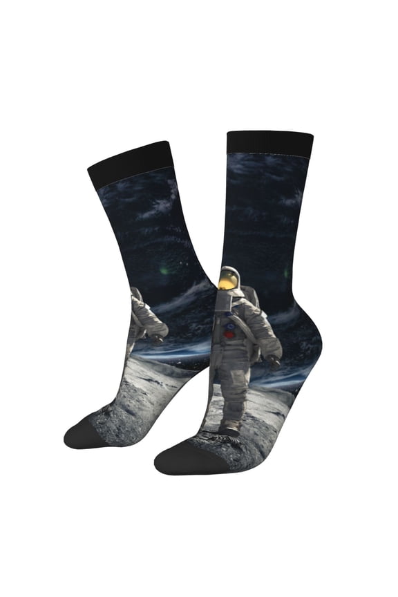 Astronaut Standing In The Moon Print Adult Socks for Men & Women,Calf Socks, Ankle Socks,Boots Socks,Breathable Casual Sock,Unisex Crew Socks