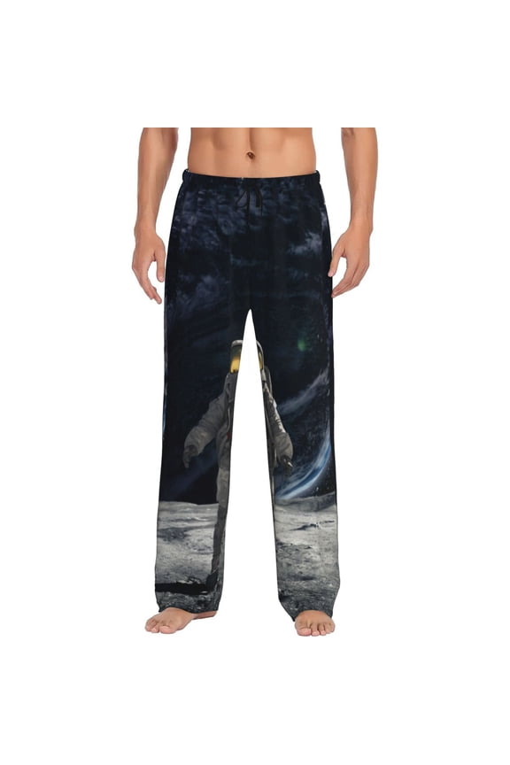 Astronaut Standing In The Moon Print Pajama Pants for Men,Men’s Pajama Bottoms,Mens PJ Pants with Pockets & Button Fly-X-Large