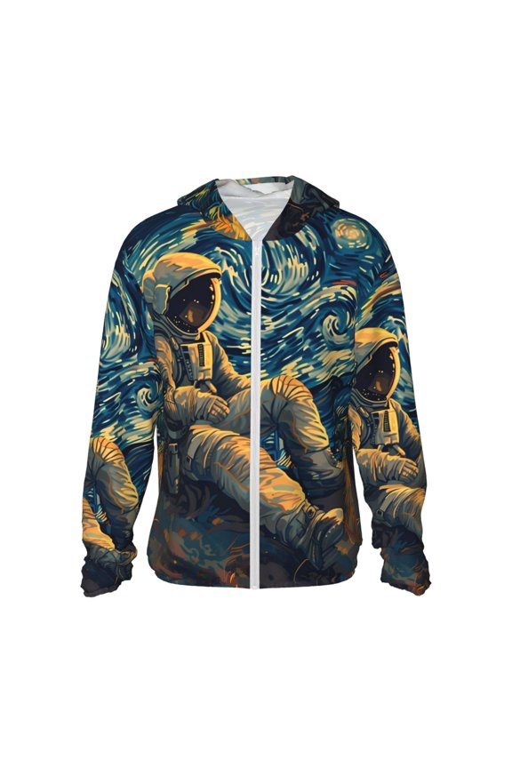 Astronaut Starry Night Print Men's Women Light Jacket Full Zip Sun Protection Hoodie Long Sleeve Sun Shirts for Men Hiking Fishing Zip Pockets-Large