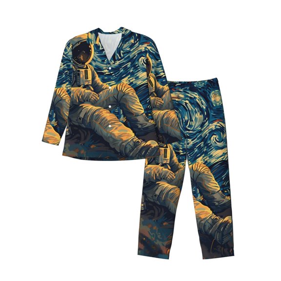 Logiee Astronaut Starry Night Print Mens Long Sleeve Pajama Set,Notched Collar Pajamas for Men, Men's Sleepwear,Mens Sleepwear with Pockets & Button Down-Large