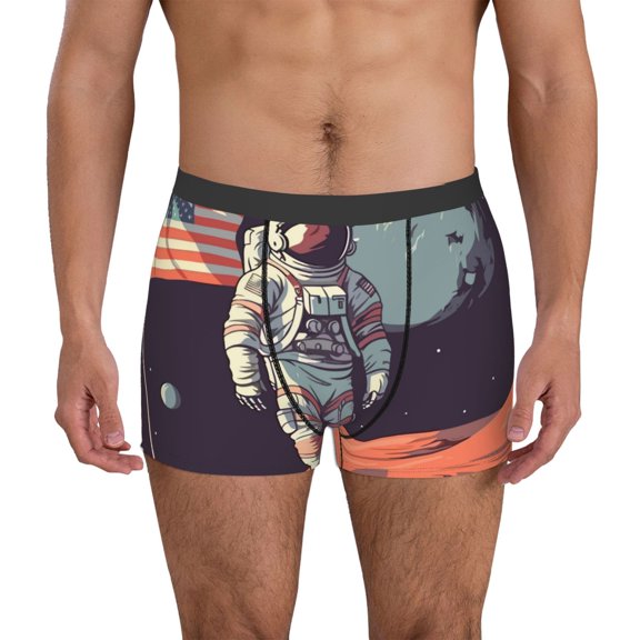 Logiee Astronaut With American Flag Print Mens Boxer Briefs,Boxer Briefs for Men,Breathable Stretch Underwear,Boys Boxer Briefs-Small