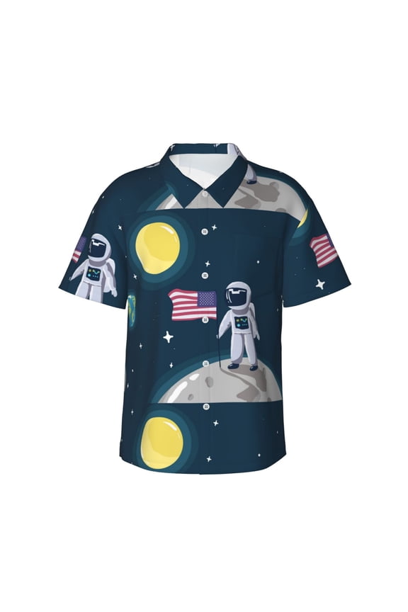 Astronaut With USA Flag Print Mens Hawaiian Shirts,Loose-Fit Short Sleeve Button Down Tropical Aloha Beach Shirt,Summer Vacation Wedding Tops,XX-Large