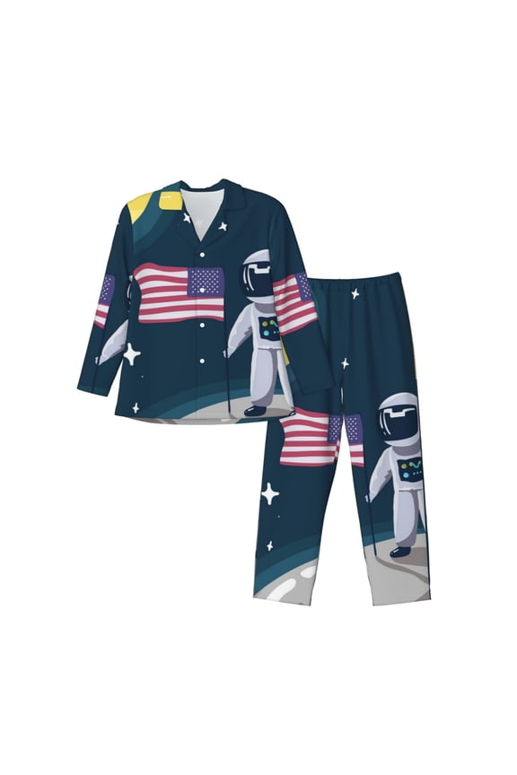 Astronaut With USA Flag Print Mens Long Sleeve Pajama Set,Notched Collar Pajamas for Men, Men's Sleepwear,Mens Sleepwear with Pockets & Button Down-Medium