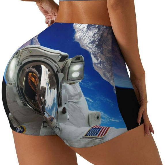 Logiee Astronaut in Outer Space Print Women's Biker Shorts,Workout Gym Shorts,Scrunch Shorts,Tummy Control Hidden Scrunch Running Yoga Shorts-Large
