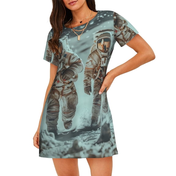 Logiee Astronauts On Lunar Mission Print Nightgowns for Women,Soft Short-Sleeved Lightweight Sleepwear, Loose Sleepshirts