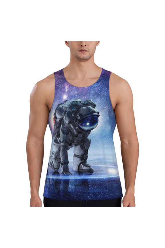 Astronauts Start Running Print Men's Workout Tank Top,Quick Dry Workout Tank Top,Gym Muscle Tee,Fitness Bodybuilding Sleeveless T Shirt-Small