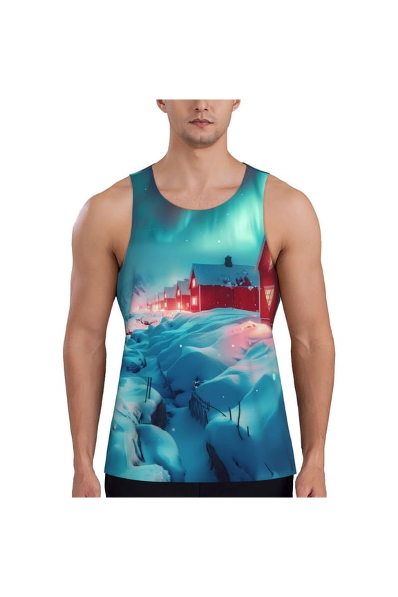 Aurora Borealis Village Print Men's Workout Tank Top,Quick Dry Workout Tank Top,Gym Muscle Tee,Fitness Bodybuilding Sleeveless T Shirt-3X-Large