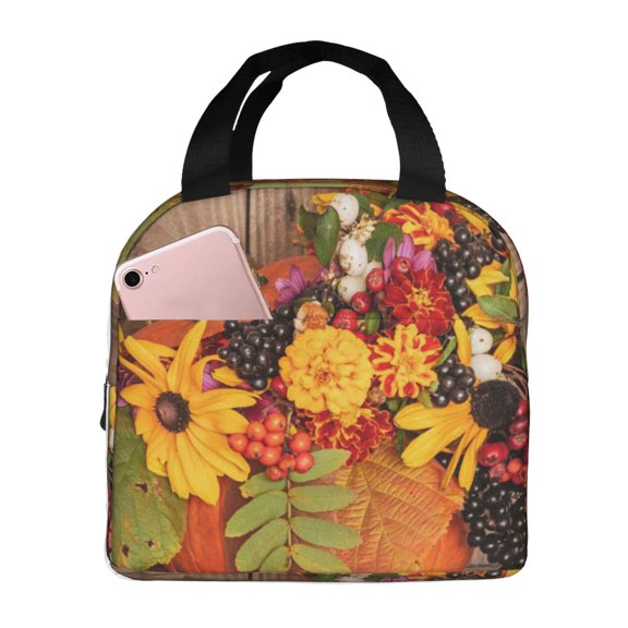 Logiee Autumn Bouquet Pumpkin For Thanksgiving Print Lunch Bag,Lunch Box for Women Men,Insulated Reusable Lunch Box for Adult,Lunch Tote Bag,Lunch Container for Office Work Picnic Beach or Travel