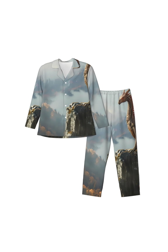 Autumn Dragon Mountain View Print Mens Long Sleeve Pajama Set,Notched Collar Pajamas for Men, Men's Sleepwear,Mens Sleepwear with Pockets & Button Down-X-Large