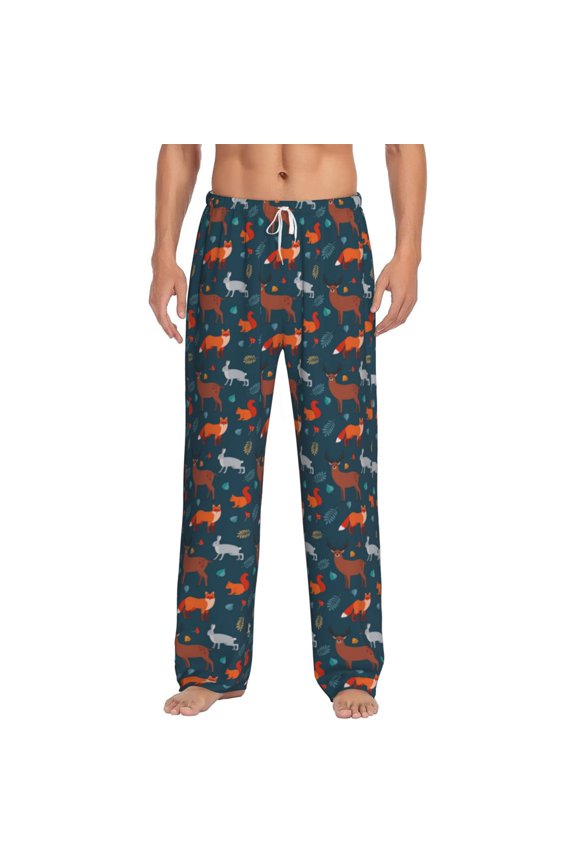 Autumn Forest Animals Cute Print Pajama Pants for Men,Men’s Pajama Bottoms,Mens PJ Pants with Pockets & Button Fly-Small