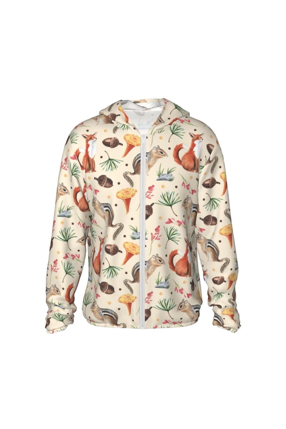 Autumn Forest Animals Print Men's Women Light Jacket Full Zip Sun Protection Hoodie Long Sleeve Sun Shirts for Men Hiking Fishing Zip Pockets-Large