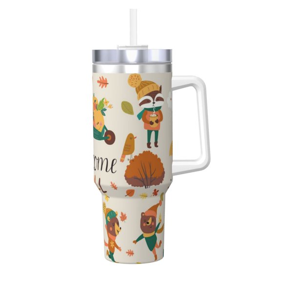 Logiee Autumn In The Forest Print 40OZ Ice Bully Cup with Handle and Straw, Double Wall Stainless Steel Tumbler,Travel Coffee Cup with Lid, Summer Insulation and Cooling Cup