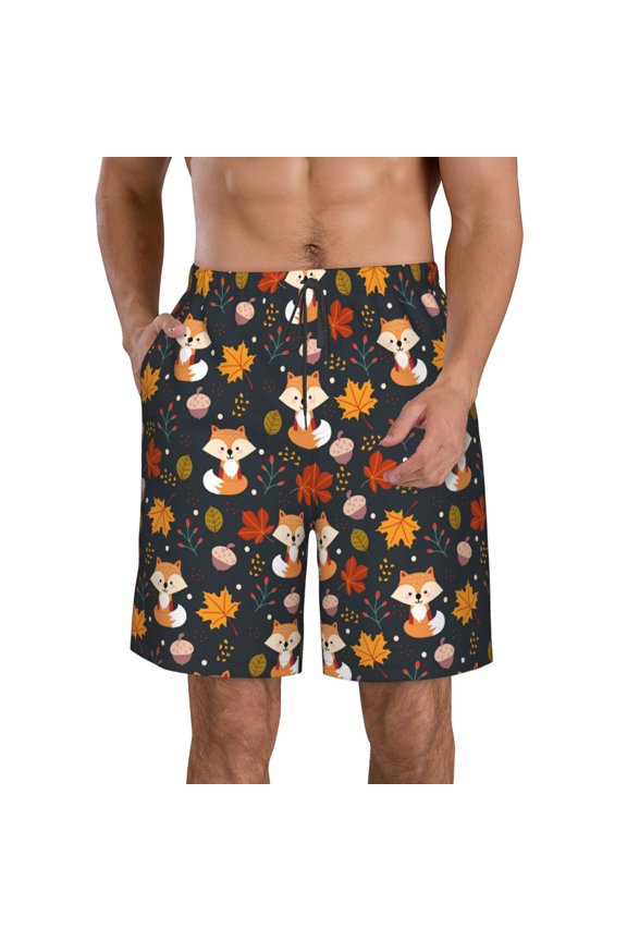 Autumn Fox Print Mens Swim Trunks Quick Dry Board Shorts,Breathable Hawaii Beach Shorts Swimwear Bathing Suits-Medium