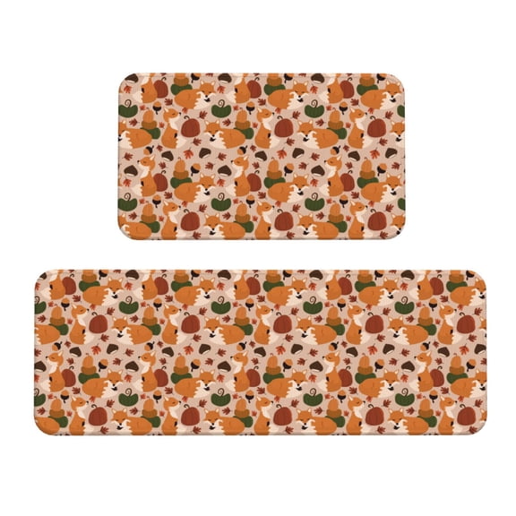 Logiee Autumn Fox Pumpkin Lazy Print Kitchen Mats for Floor Sets of 2,Waterproof Kitchen Rugs,Non Slip Comfort Standing Mat Rug for Home,Runner,Sink,Office,Laundry