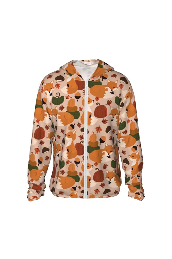 Autumn Fox Pumpkin Lazy Print Men's Women Light Jacket Full Zip Sun Protection Hoodie Long Sleeve Sun Shirts for Men Hiking Fishing Zip Pockets-Large