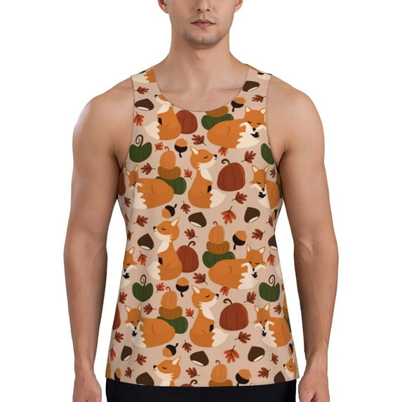 Logiee Autumn Fox Pumpkin Lazy Print Men's Workout Tank Top,Quick Dry Workout Tank Top,Gym Muscle Tee,Fitness Bodybuilding Sleeveless T Shirt-X-Large