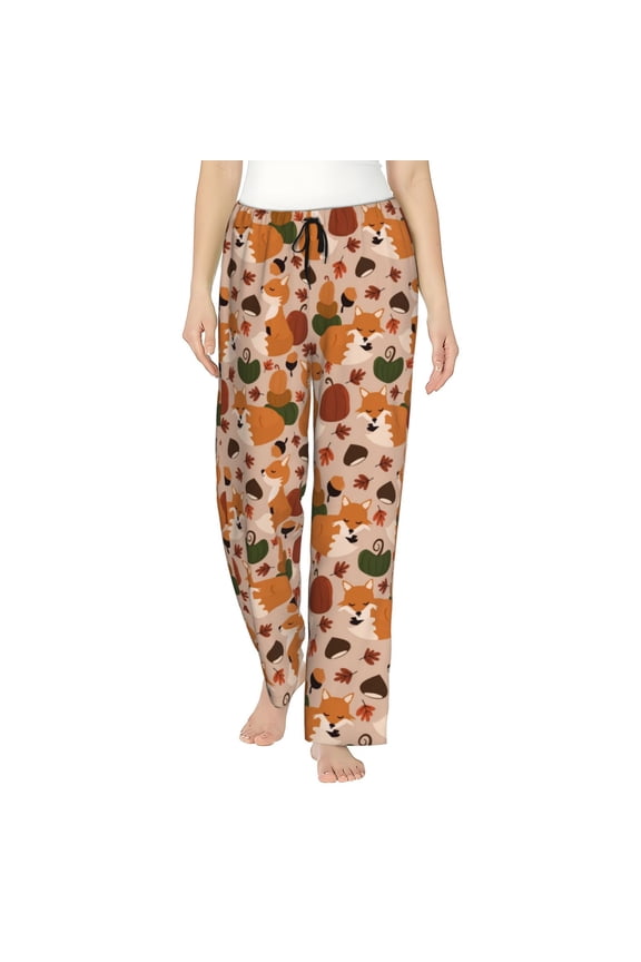Autumn Fox Pumpkin Lazy Print Women Pajama Pants,Comfy Pj Bottom with Pockets & Drawstring,Stretch Casual Sleepwear-X-Large