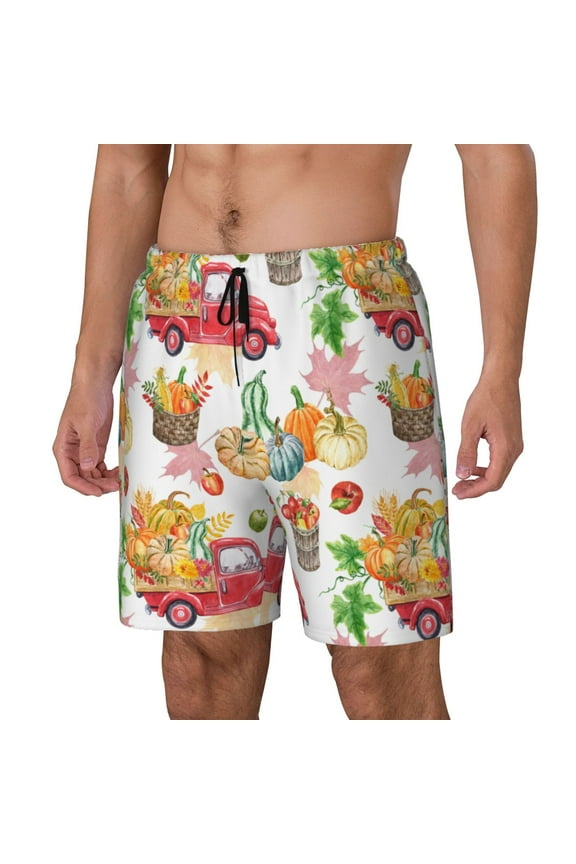 Autumn Harvest Truck Print Men's Swim Trunk,Quick Dry Board Shorts ,Men's Swim Trunks with Compression Liner, Bathing Suits with Pockets-Small