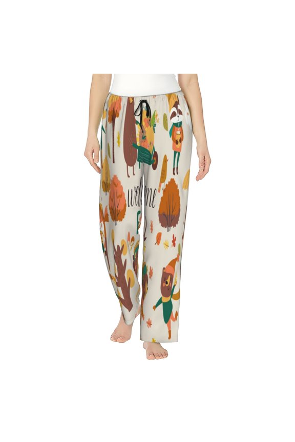 Autumn In The Forest Print Women Pajama Pants,Comfy Pj Bottom with Pockets & Drawstring,Stretch Casual Sleepwear-Medium