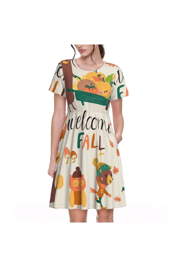 Autumn In The Forest Print Womens Summer Dress,Casual Short Sleeve Sundresses,Beach A-line Shift Dress with Pockets