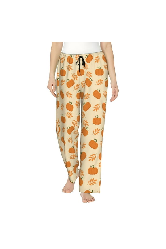 Autumn Leaves And Pumpkins Print Women Pajama Pants,Comfy Pj Bottom with Pockets & Drawstring,Stretch Casual Sleepwear-Small