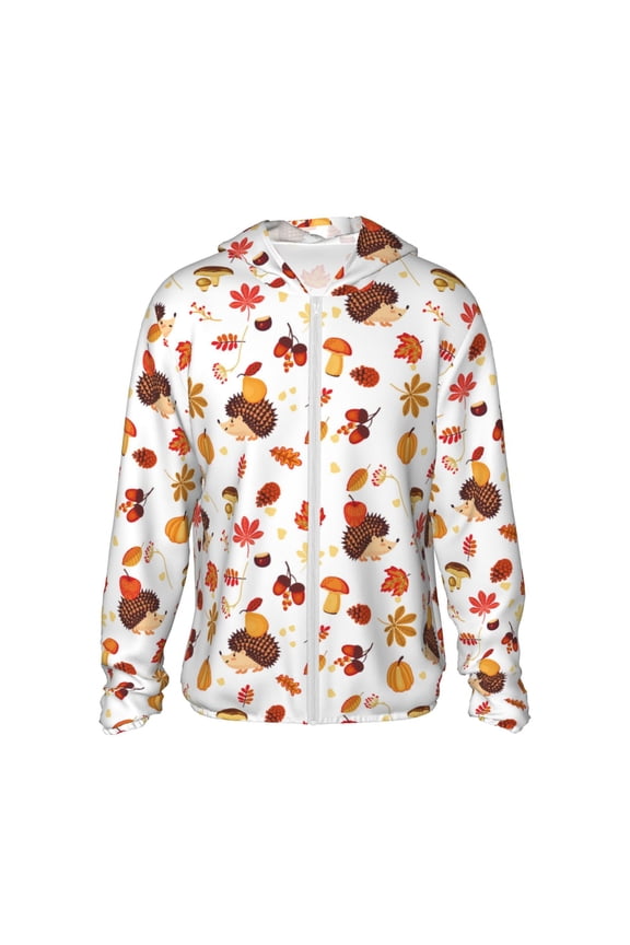 Autumn Maple Leaf with Hedgehog Print Men's Women Light Jacket Full Zip Sun Protection Hoodie Long Sleeve Sun Shirts for Men Hiking Fishing Zip Pockets-Medium