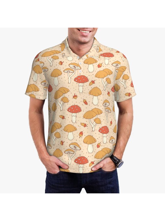 Autumn Mushrooms Print Mens Polo Shirts,Mens Golf Polo Shirts,Short Sleeve Casual Polo Shirts for Men,Summer Fashion Beach Shirts-Small