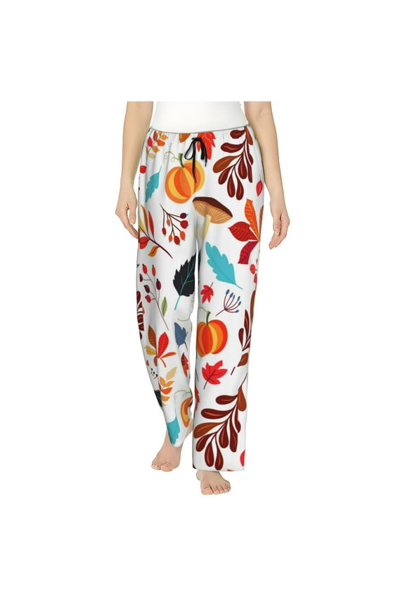 Autumn Pumpkins Fall Leaves Print Women Pajama Pants,Comfy Pj Bottom with Pockets & Drawstring,Stretch Casual Sleepwear-X-Large