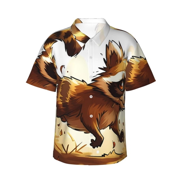 Logiee Autumn Raccoon In Forest Print Mens Hawaiian Shirts,Loose-Fit Short Sleeve Button Down Tropical Aloha Beach Shirt,Summer Vacation Wedding Tops,Small