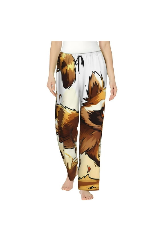 Autumn Raccoon In Forest Print Women Pajama Pants,Comfy Pj Bottom with Pockets & Drawstring,Stretch Casual Sleepwear-Large